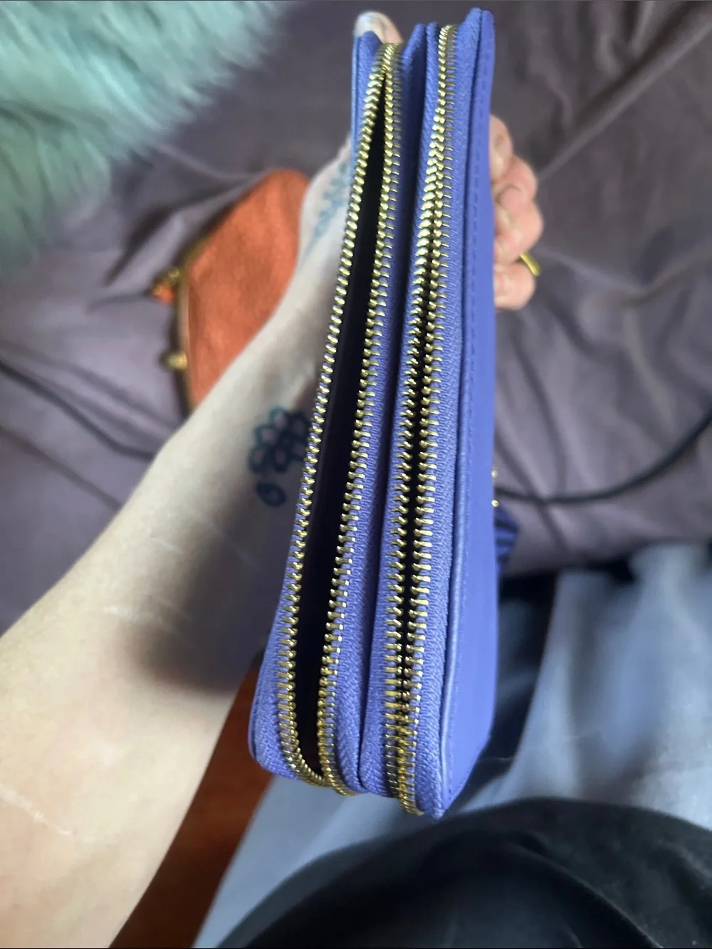 Joy Mangano Periwinkle Leather Wristlet with Zebra-Pattern Strap